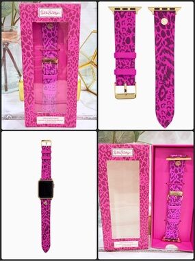 Lilly Pulitzer Leather Apple Watch Band Pink Leopard Print with Gold Hardware